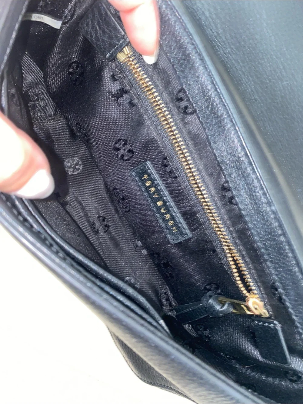 Tory Burch Black Pebbled Leather Chain Crossbody with Gold Logo